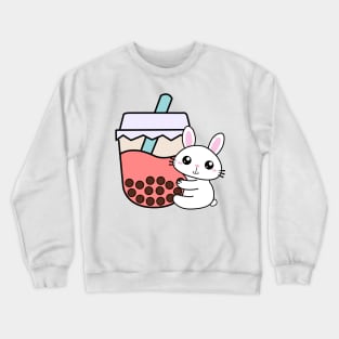 Baby Rabbit Hugs Bubble Tea Kawaii Pink Boba Tea Crewneck Sweatshirt